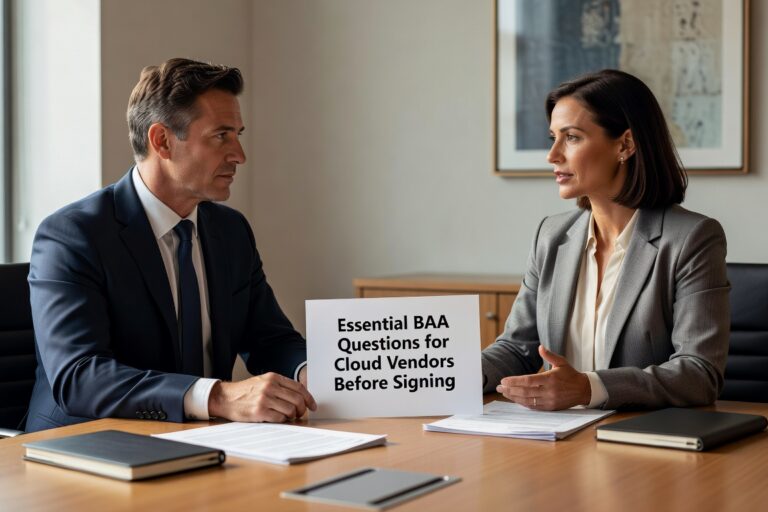 Essential questions healthcare practices must ask cloud vendors before signing BAAs. Covers encryption, compliance, data location, and breach response for HIPAA protection.