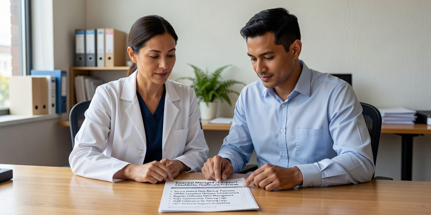 Essential managed IT support checklist for healthcare practices covering HIPAA compliance, security controls, backup procedures, and staff training requirements.