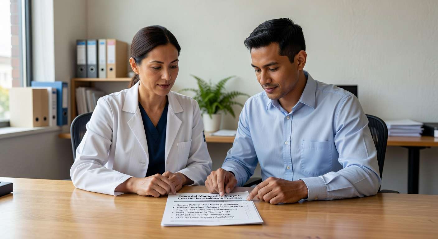 Essential managed IT support checklist for healthcare practices covering HIPAA compliance, security controls, backup procedures, and staff training requirements.