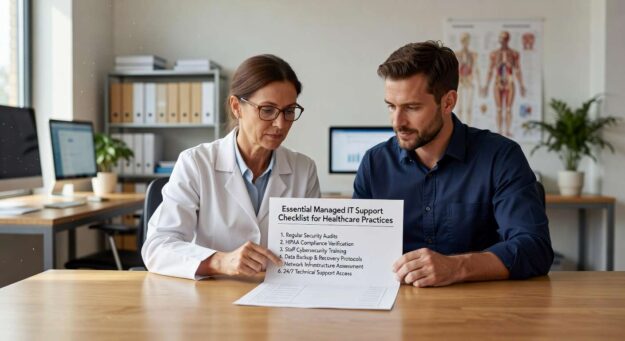 Complete checklist for healthcare practices transitioning to managed IT support. Covers HIPAA compliance, cybersecurity, vendor evaluation, and implementation timelines.