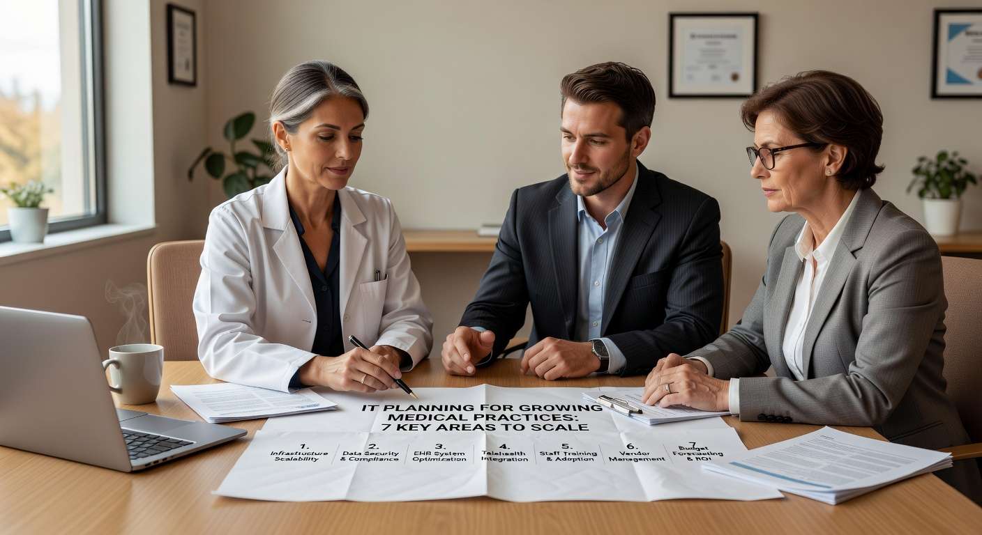 Learn essential IT planning strategies for growing medical practices. Covers infrastructure, compliance, vendors, budgets & security for sustainable expansion.
