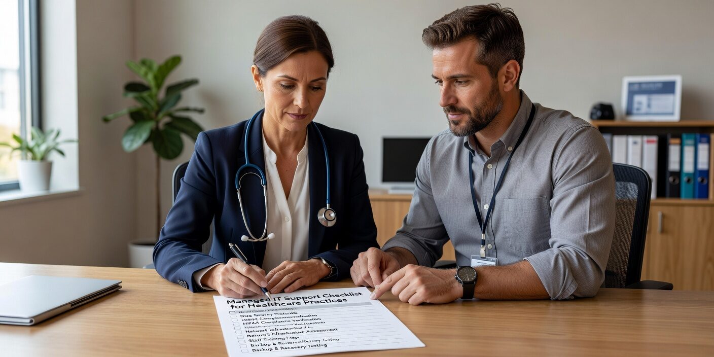 Essential checklist for evaluating managed IT support in healthcare practices. Covers HIPAA compliance, cybersecurity, data protection requirements.