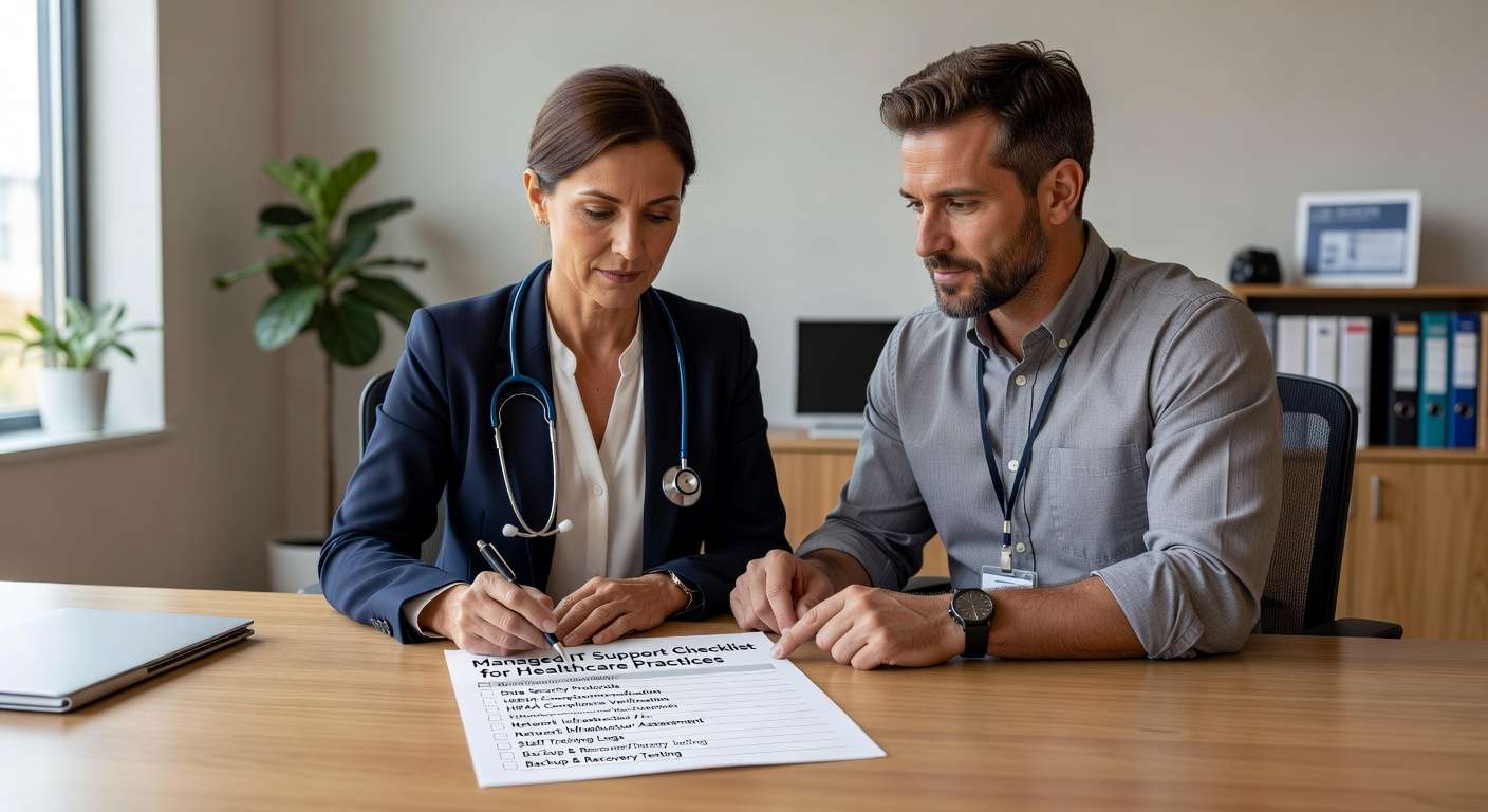 Essential checklist for evaluating managed IT support in healthcare practices. Covers HIPAA compliance, cybersecurity, data protection requirements.