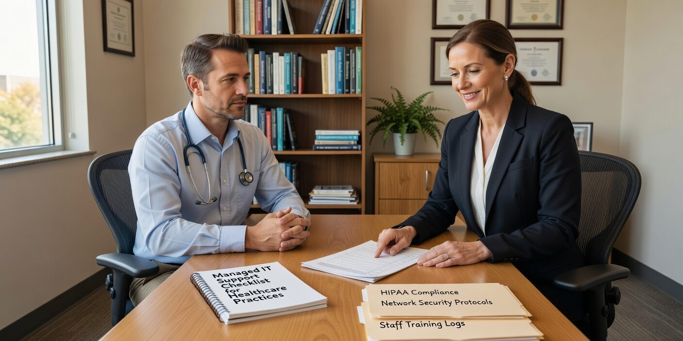 Complete managed IT support checklist for healthcare practices covering HIPAA compliance, security controls, backup protocols, and vendor management.