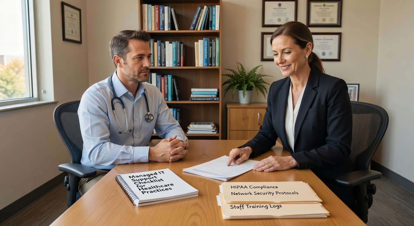 Complete managed IT support checklist for healthcare practices covering HIPAA compliance, security controls, backup protocols, and vendor management.