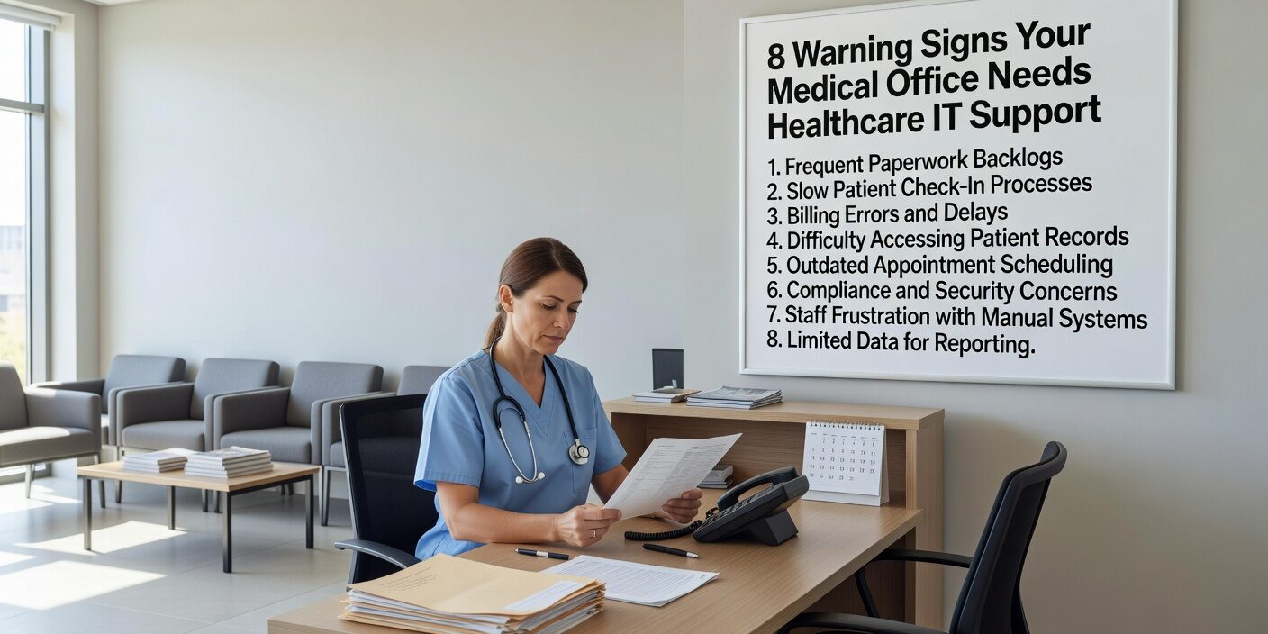 Discover 8 critical warning signs that indicate your medical office needs professional IT support to prevent downtime, security risks, and compliance issues.