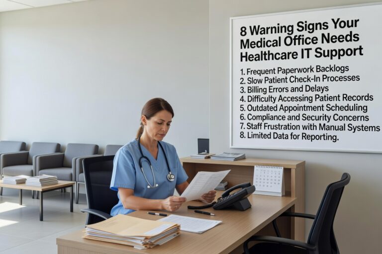 Discover 8 critical warning signs that indicate your medical office needs professional IT support to prevent downtime, security risks, and compliance issues.