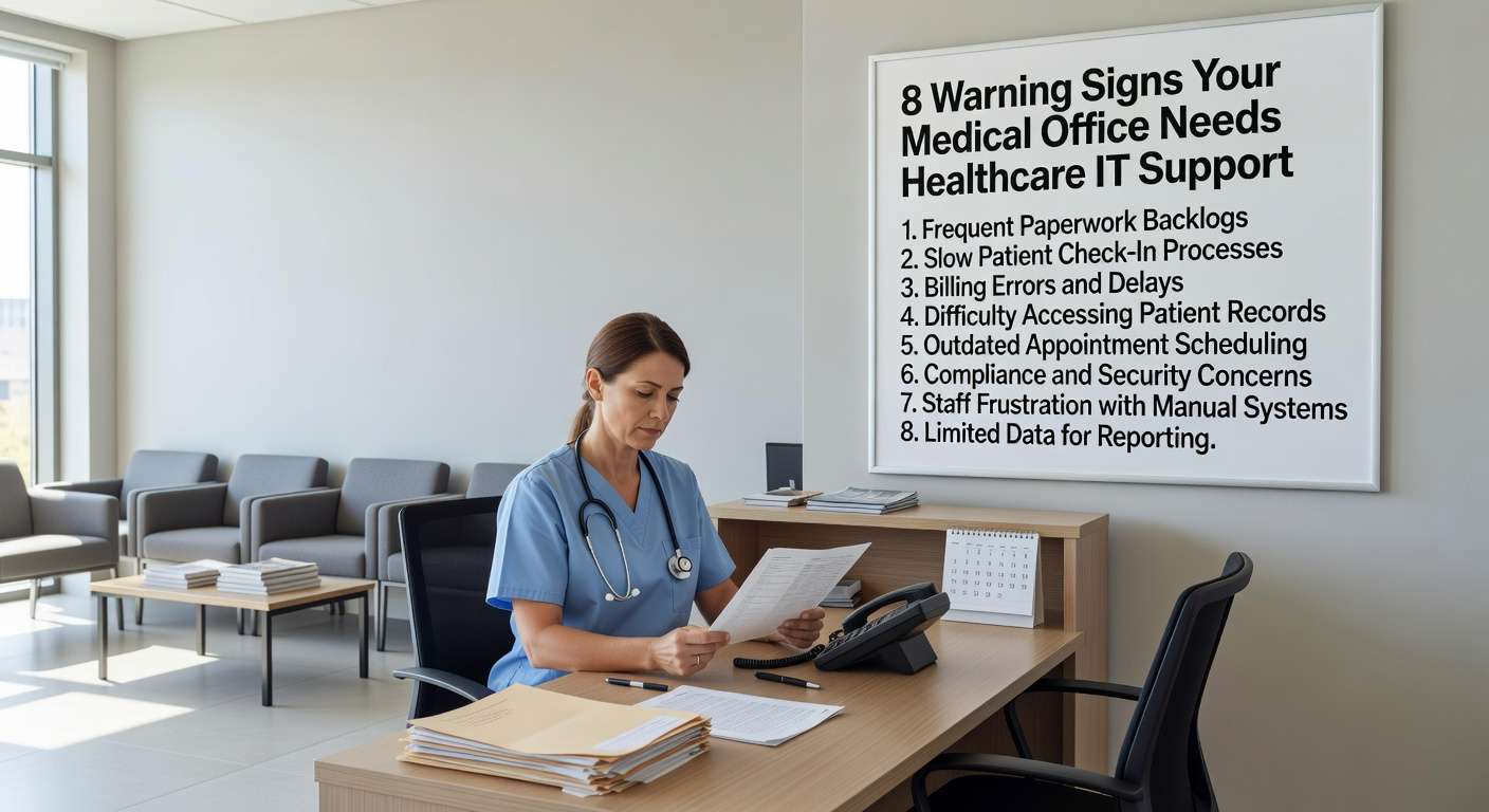 Discover 8 critical warning signs that indicate your medical office needs professional IT support to prevent downtime, security risks, and compliance issues.