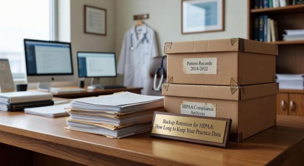Learn HIPAA backup retention requirements, medical record laws, and practical strategies for healthcare practices to maintain compliant data protection.