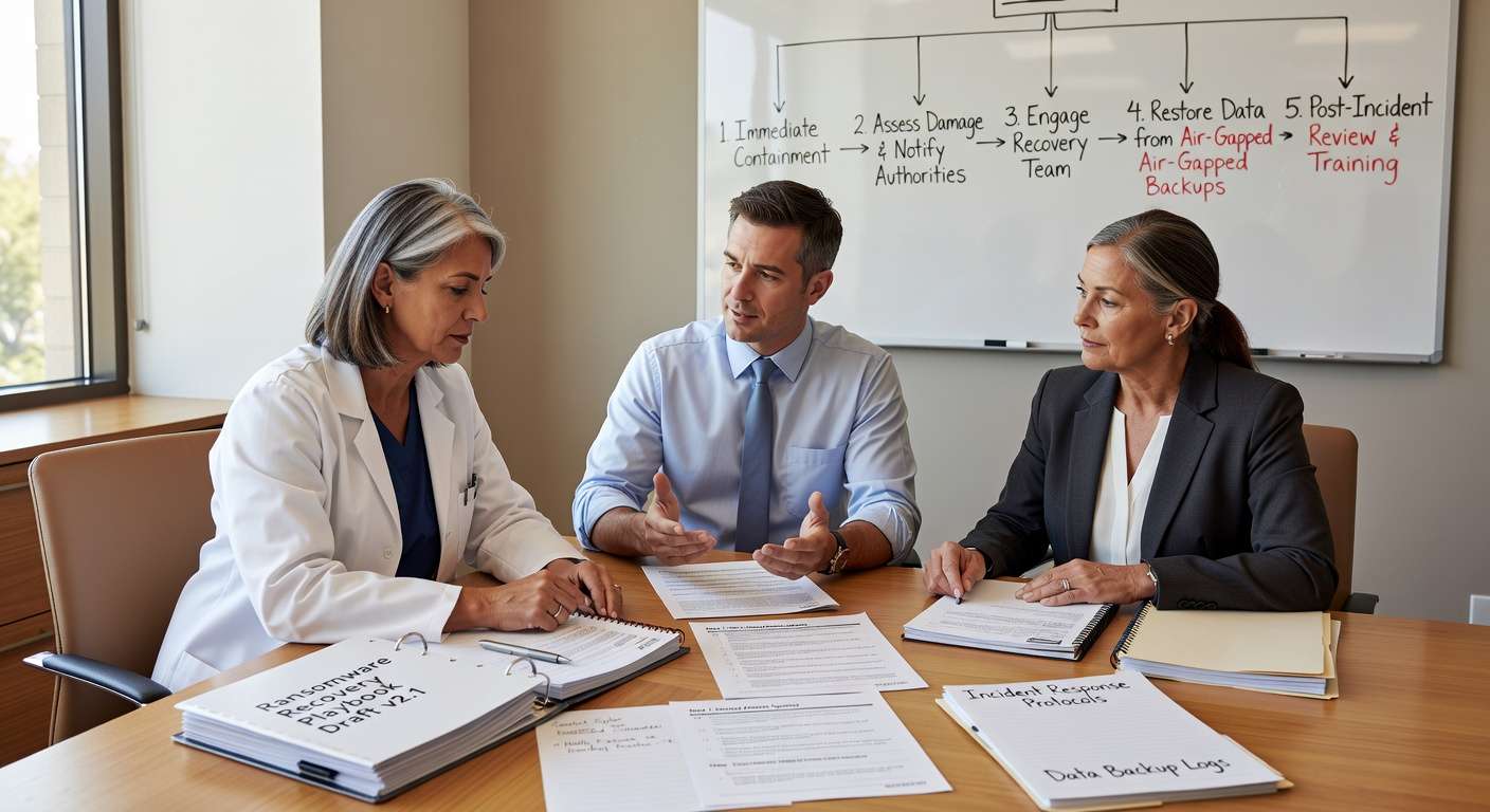 Learn to create an effective ransomware recovery playbook for medical practices. Includes response roles, recovery timelines, backup strategies, and HIPAA compliance guidance.