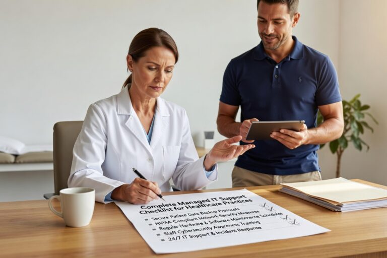 Complete checklist for healthcare practices evaluating IT support providers. Covers HIPAA compliance, cybersecurity requirements, and vendor selection criteria.