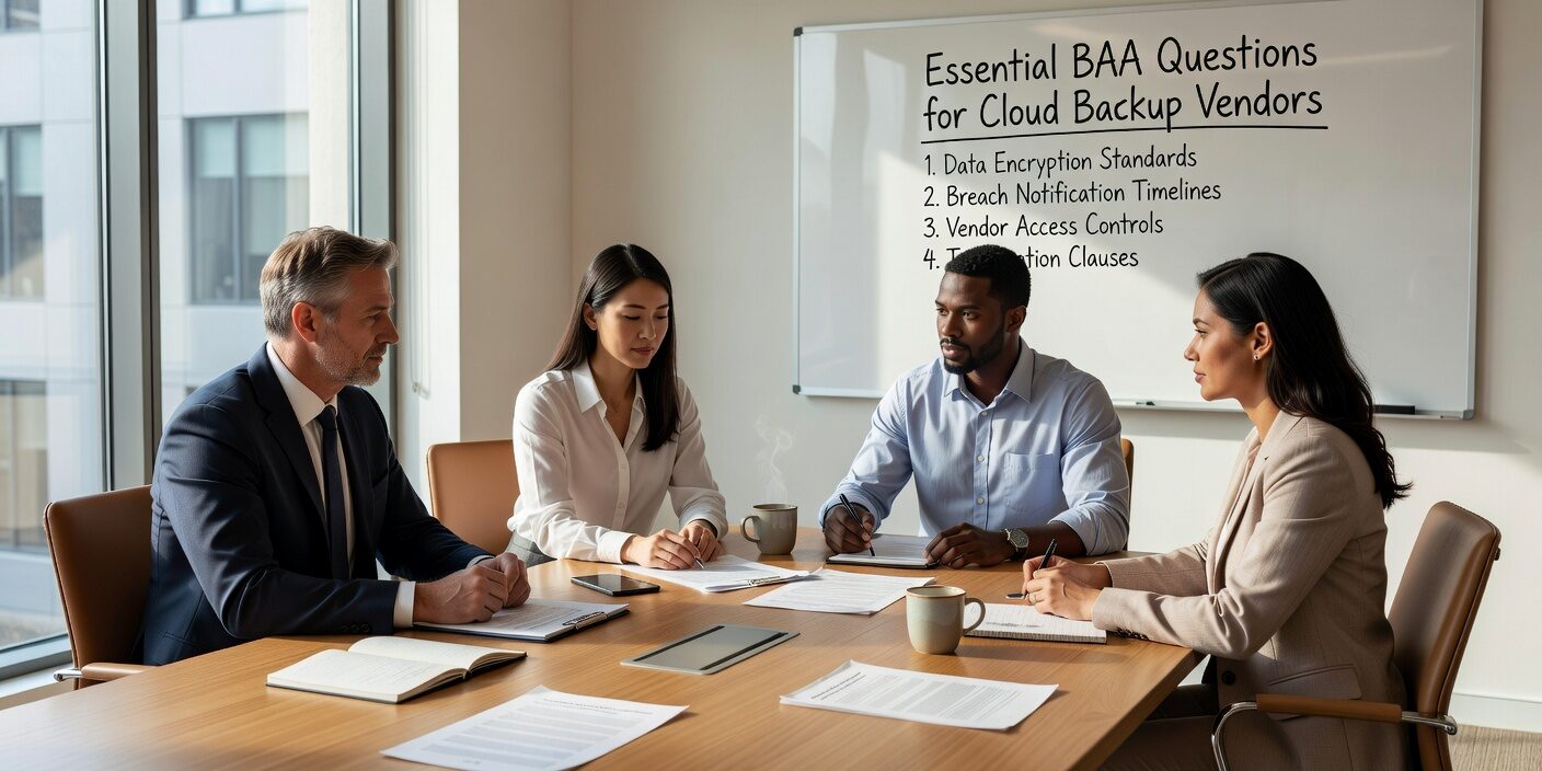 Essential questions for healthcare practices to ask cloud backup vendors before signing a BAA. Covers HIPAA compliance, security, and liability protection.