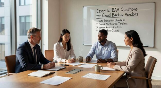 Essential questions for healthcare practices to ask cloud backup vendors before signing a BAA. Covers HIPAA compliance, security, and liability protection.