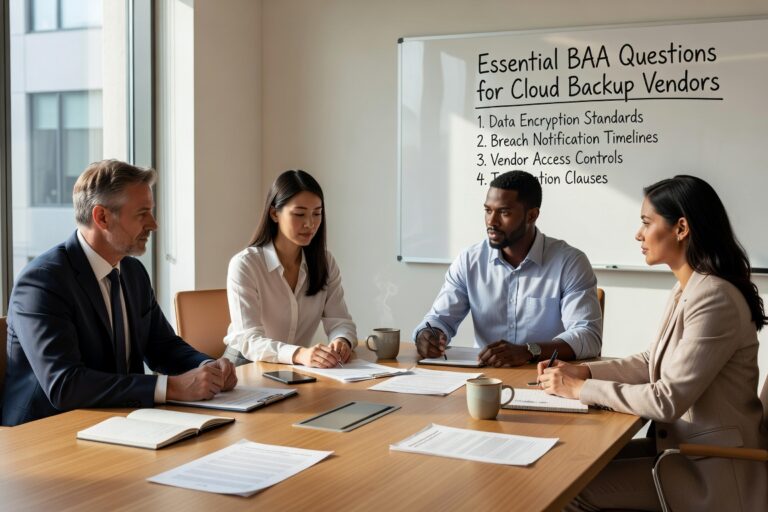 Essential questions for healthcare practices to ask cloud backup vendors before signing a BAA. Covers HIPAA compliance, security, and liability protection.