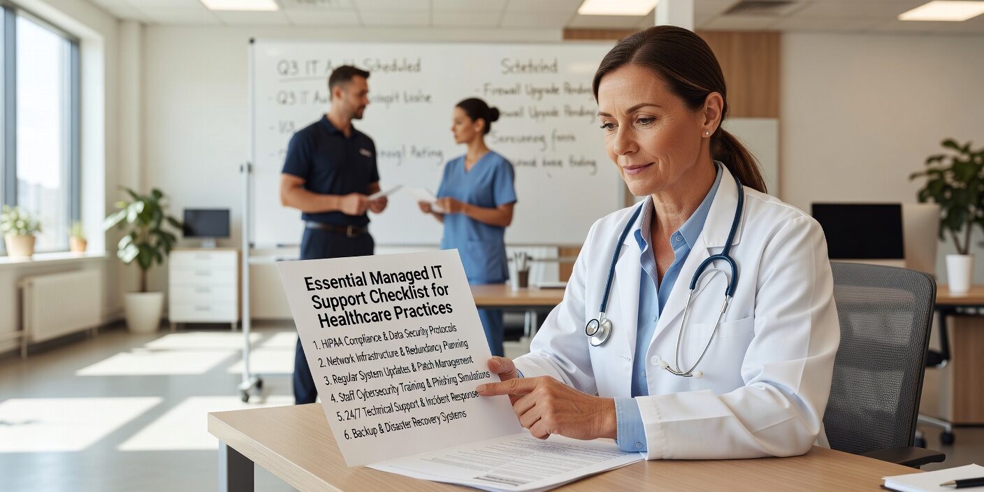 Complete managed IT support checklist for healthcare practices. Ensure HIPAA compliance, cybersecurity, and operational efficiency with this practical guide.