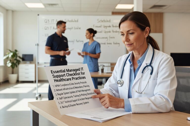Complete managed IT support checklist for healthcare practices. Ensure HIPAA compliance, cybersecurity, and operational efficiency with this practical guide.