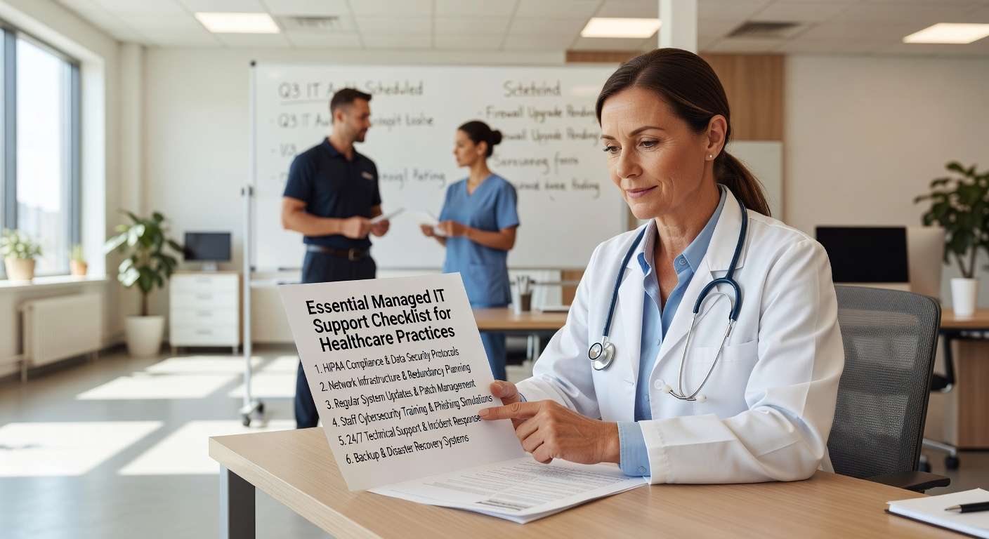 Complete managed IT support checklist for healthcare practices. Ensure HIPAA compliance, cybersecurity, and operational efficiency with this practical guide.