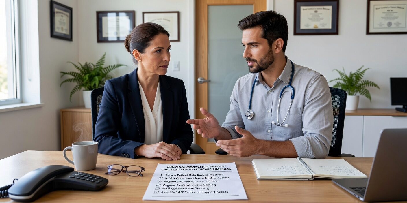 Essential checklist for evaluating IT support providers for medical practices. Covers HIPAA compliance, cybersecurity, backup planning & vendor management.
