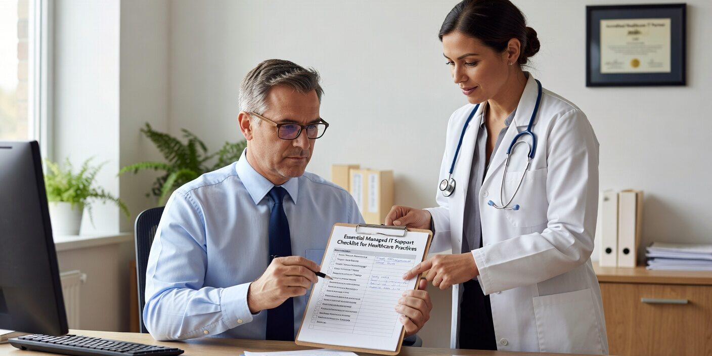 Essential checklist for healthcare practices to evaluate managed IT support covering HIPAA compliance, cybersecurity, and operational requirements.