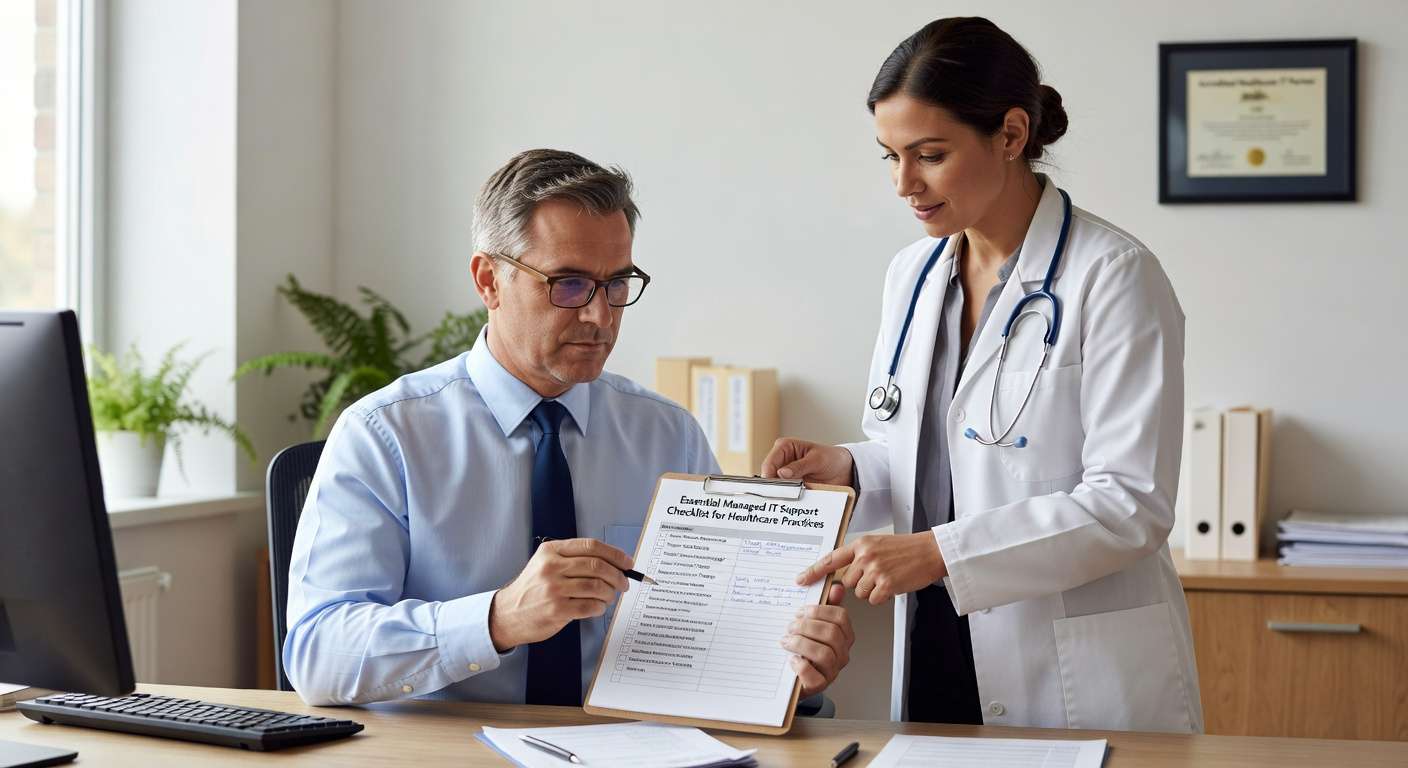 Essential checklist for healthcare practices to evaluate managed IT support covering HIPAA compliance, cybersecurity, and operational requirements.