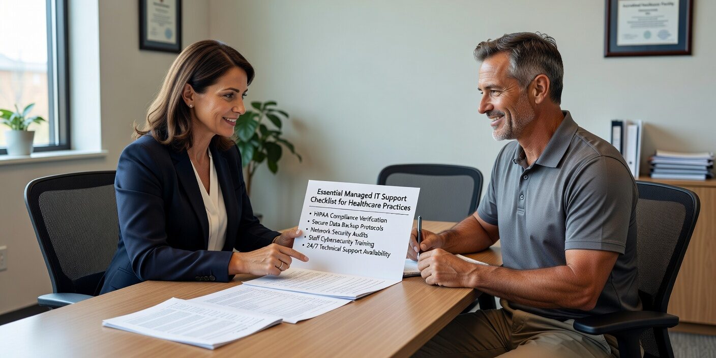 Essential checklist for evaluating managed IT support providers for healthcare practices. Covers HIPAA compliance, cybersecurity, and operational requirements.