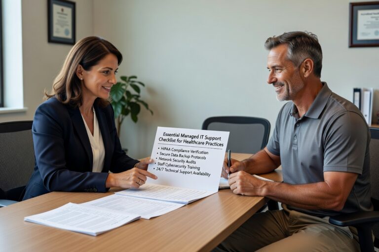 Essential checklist for evaluating managed IT support providers for healthcare practices. Covers HIPAA compliance, cybersecurity, and operational requirements.