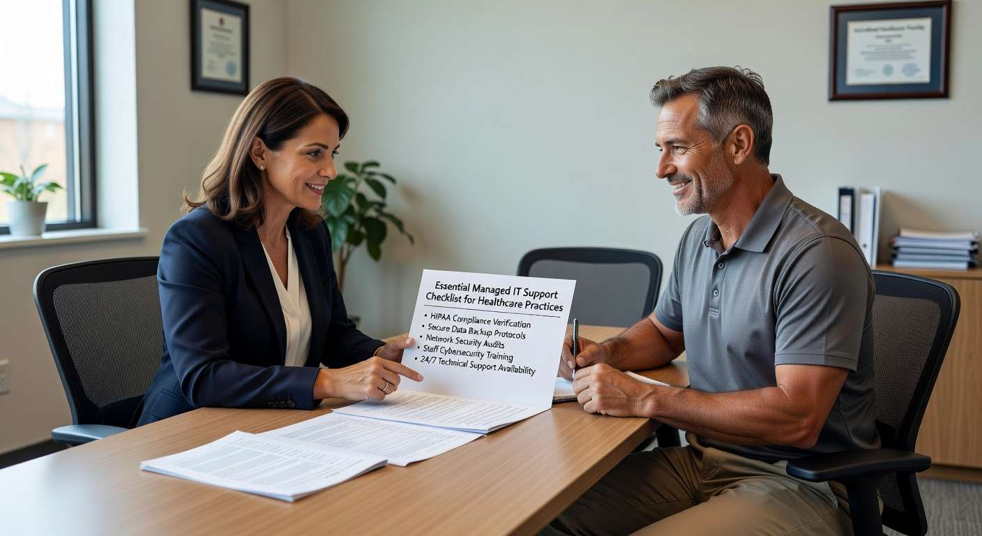 Essential checklist for evaluating managed IT support providers for healthcare practices. Covers HIPAA compliance, cybersecurity, and operational requirements.