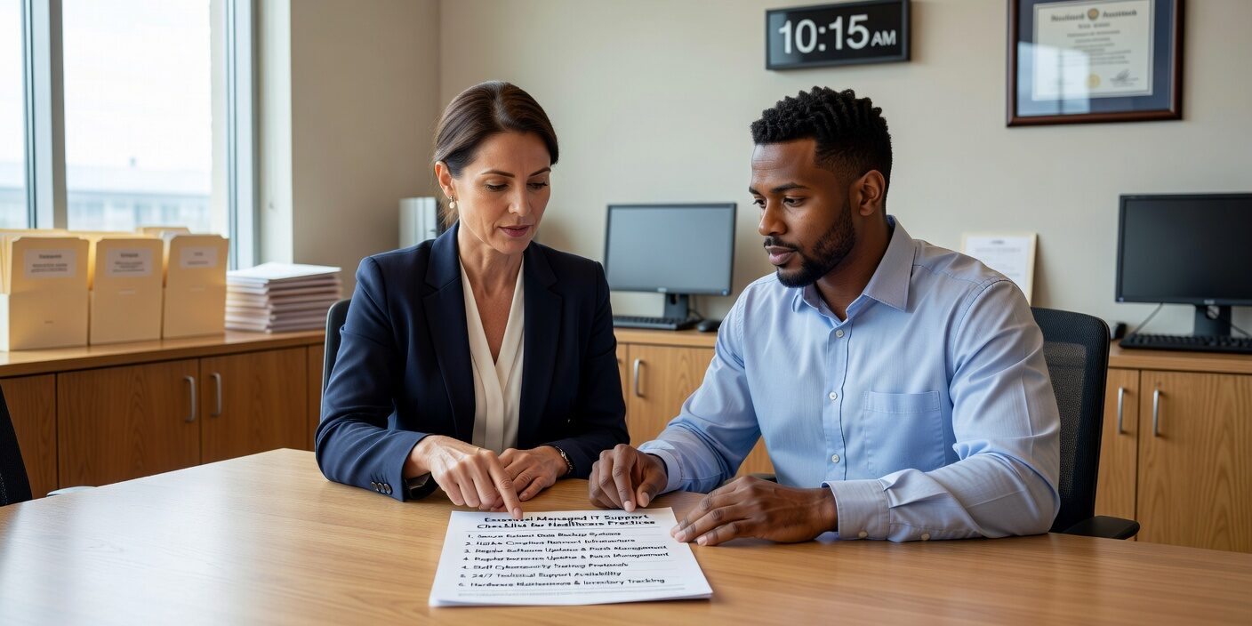 Essential Managed IT Support Checklist for Healthcare Practices Featured Image Essential checklist for evaluating managed IT support in healthcare practices. Covers security, compliance, data protection, and vendor management requirements.