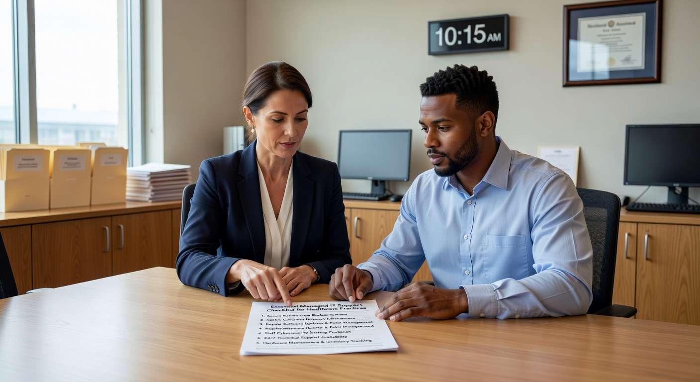 Essential checklist for evaluating managed IT support in healthcare practices. Covers security, compliance, data protection, and vendor management requirements.