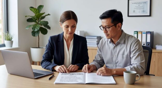 Essential checklist for healthcare practices evaluating managed IT support providers. Covers HIPAA compliance, cybersecurity, and practice-specific requirements.