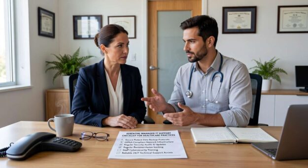 Essential checklist for evaluating IT support providers for medical practices. Covers HIPAA compliance, cybersecurity, backup planning & vendor management.