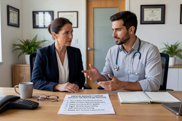 Essential checklist for evaluating IT support providers for medical practices. Covers HIPAA compliance, cybersecurity, backup planning & vendor management.