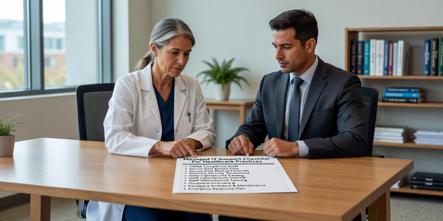 Essential managed IT support checklist for healthcare practices covering HIPAA compliance, cybersecurity, monitoring, backups, and vendor evaluation.