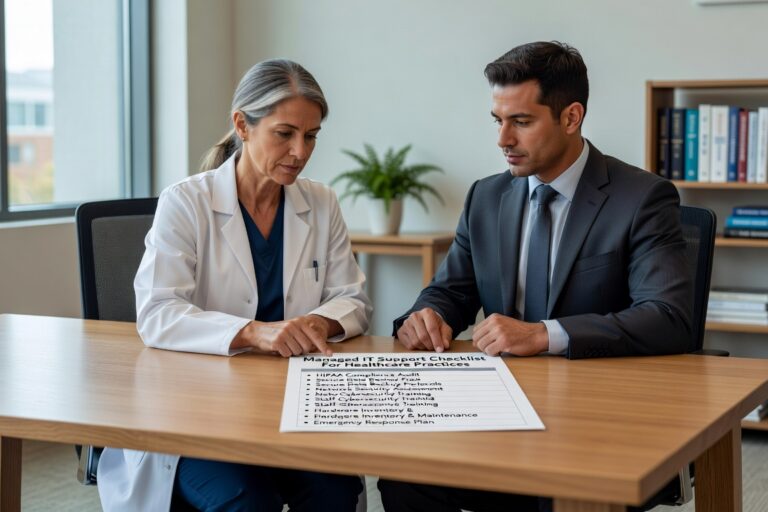 Essential managed IT support checklist for healthcare practices covering HIPAA compliance, cybersecurity, monitoring, backups, and vendor evaluation.