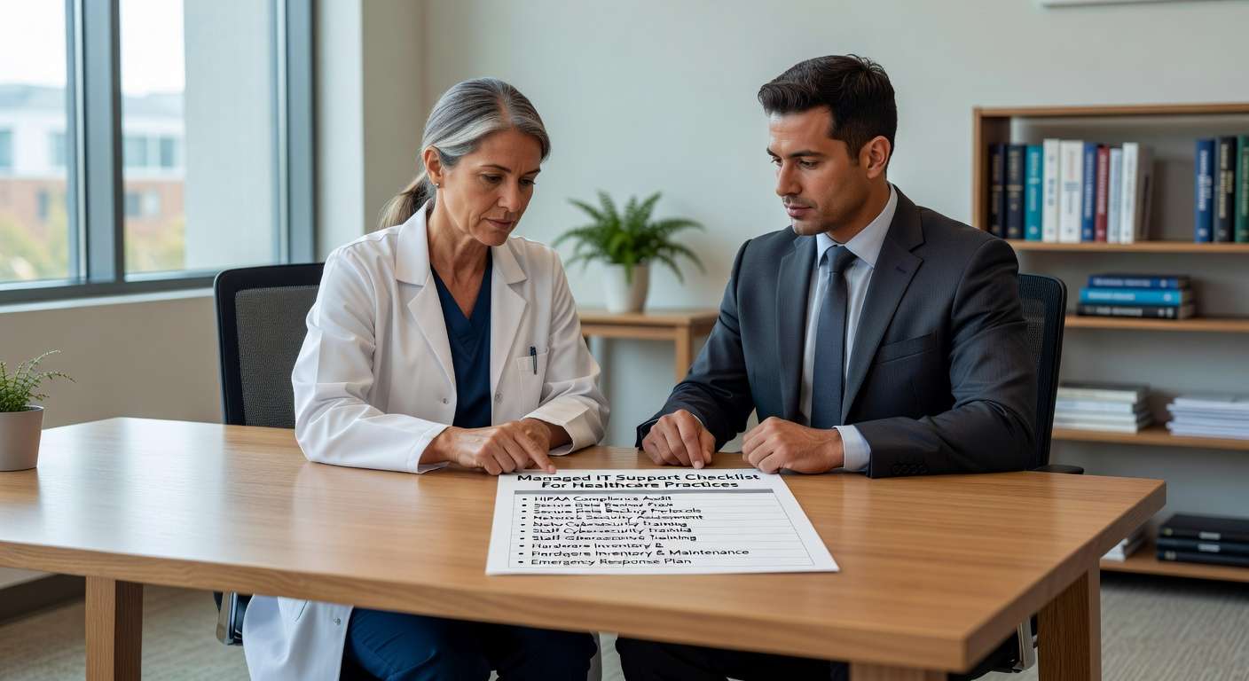 Essential managed IT support checklist for healthcare practices covering HIPAA compliance, cybersecurity, monitoring, backups, and vendor evaluation.