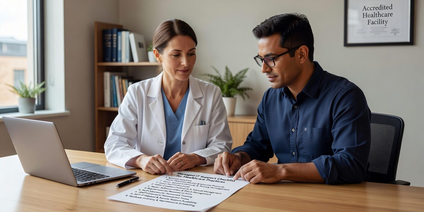 Essential checklist for evaluating managed IT support providers for healthcare practices. Covers HIPAA compliance, security monitoring, and operational requirements.