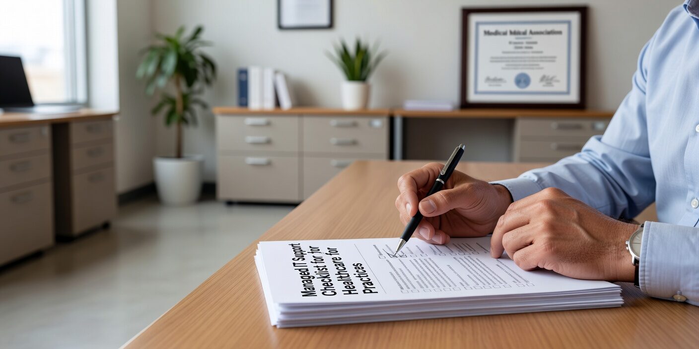 Essential checklist for healthcare practices choosing managed IT support. Covers HIPAA compliance, cybersecurity, backup planning, and vendor management requirements.