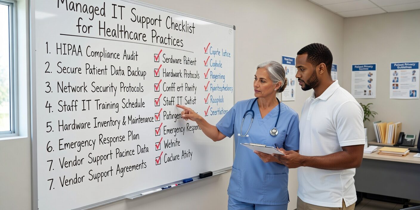 Essential checklist for healthcare practices evaluating IT support providers. Covers HIPAA compliance, cybersecurity, backup systems, and service requirements.