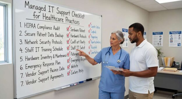 Essential checklist for healthcare practices evaluating IT support providers. Covers HIPAA compliance, cybersecurity, backup systems, and service requirements.
