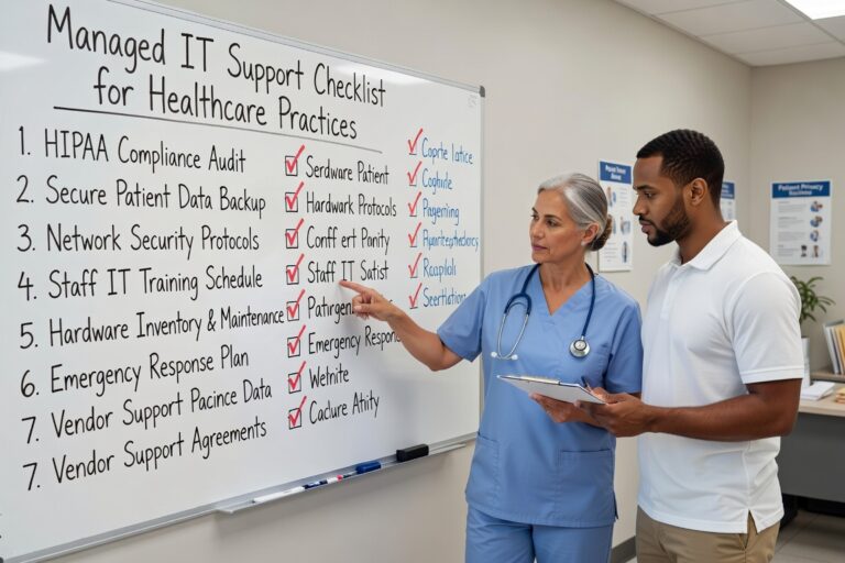 Essential checklist for healthcare practices evaluating IT support providers. Covers HIPAA compliance, cybersecurity, backup systems, and service requirements.