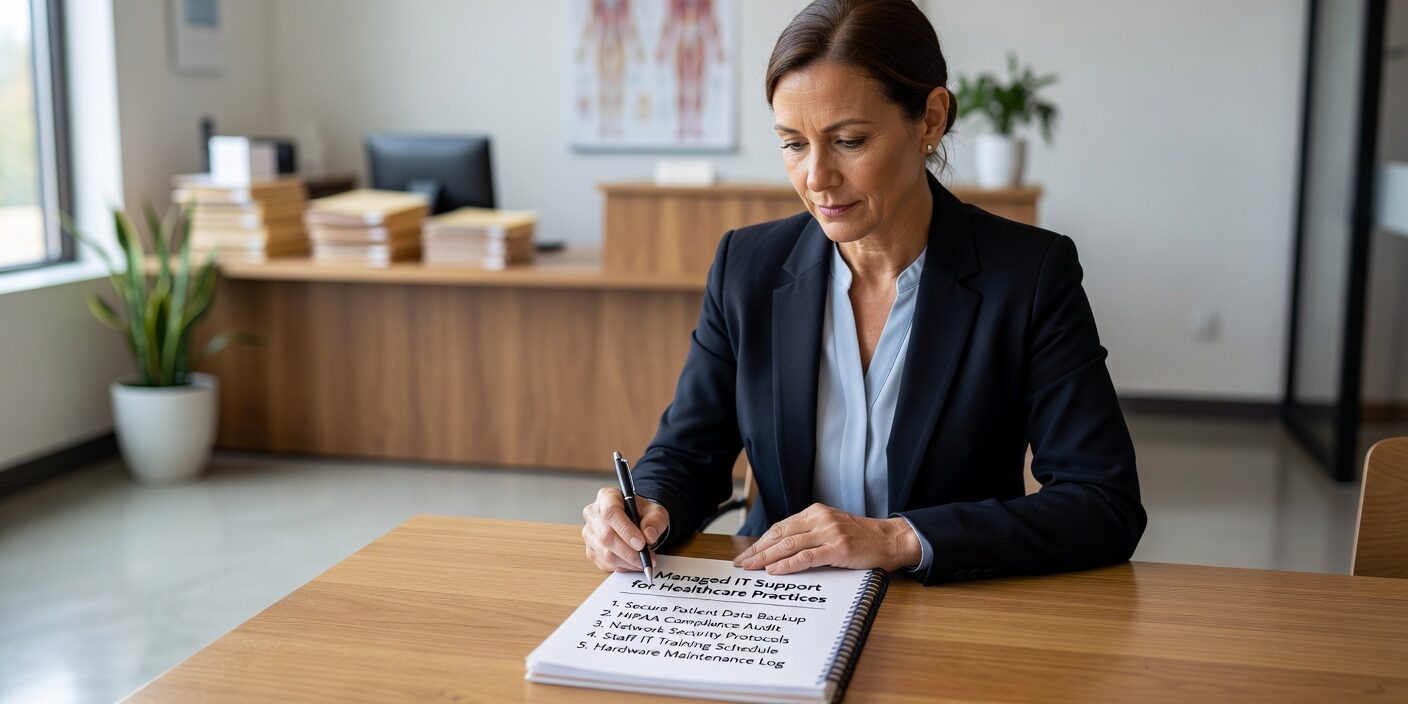 Essential checklist for healthcare practices evaluating managed IT support. Covers HIPAA compliance, security monitoring, backup planning, and vendor selection criteria.