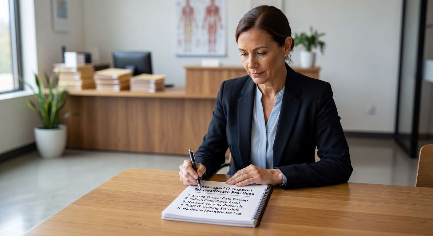 Essential checklist for healthcare practices evaluating managed IT support. Covers HIPAA compliance, security monitoring, backup planning, and vendor selection criteria.