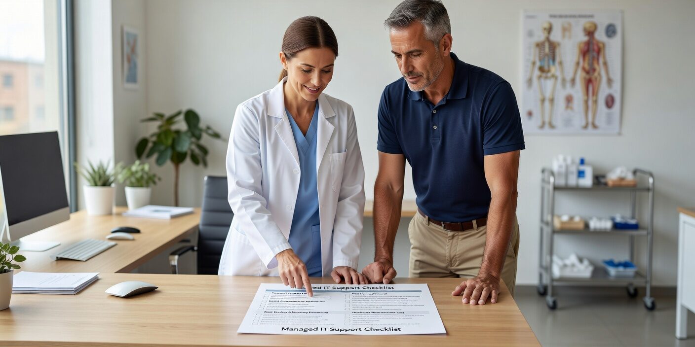 Essential managed IT support checklist for healthcare practices. Learn key requirements for HIPAA compliance, cybersecurity, operational support, and vendor management.