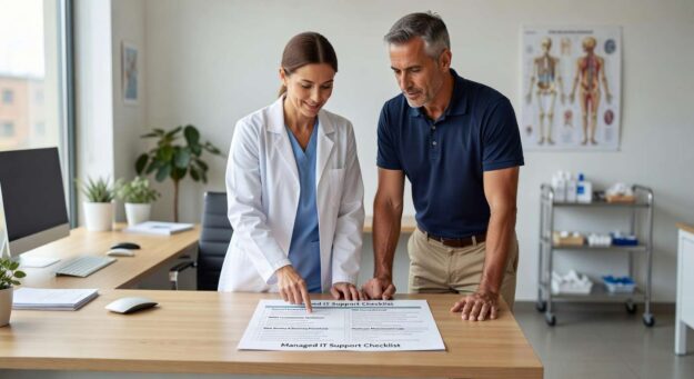 Essential managed IT support checklist for healthcare practices. Learn key requirements for HIPAA compliance, cybersecurity, operational support, and vendor management.