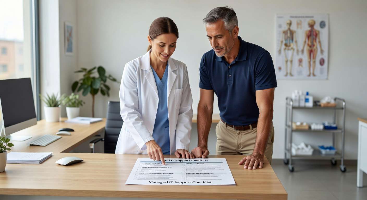 Essential managed IT support checklist for healthcare practices. Learn key requirements for HIPAA compliance, cybersecurity, operational support, and vendor management.