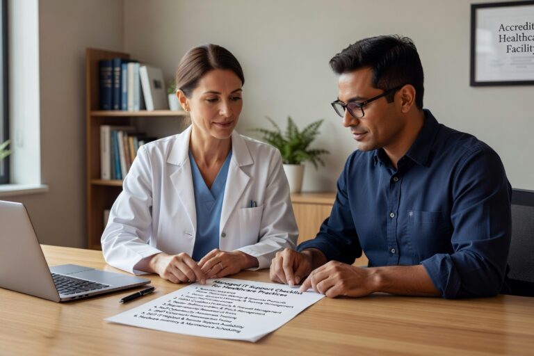 Essential checklist for evaluating managed IT support providers for healthcare practices. Covers HIPAA compliance, security monitoring, and operational requirements.