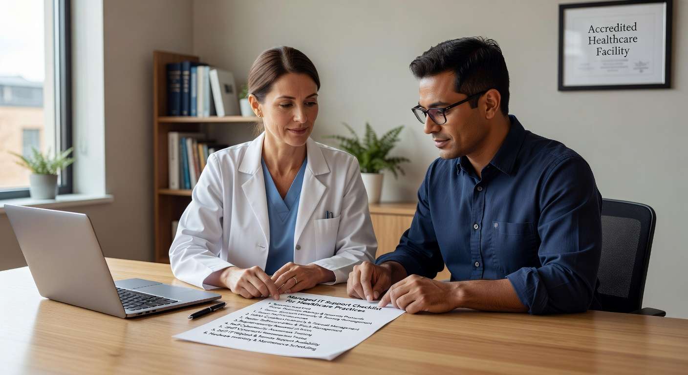 Essential checklist for evaluating managed IT support providers for healthcare practices. Covers HIPAA compliance, security monitoring, and operational requirements.