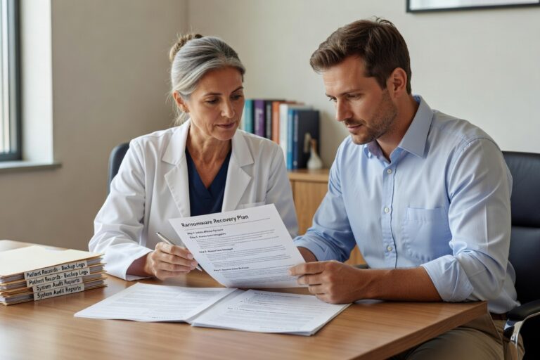 Learn essential ransomware recovery steps for medical practices. Get practical guidance on containment, backup restoration, HIPAA compliance, and business continuity planning.