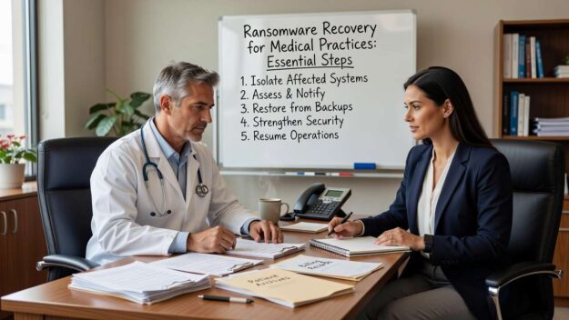 Learn essential ransomware recovery steps for medical practices, including backup strategies, response checklists, and business continuity planning.