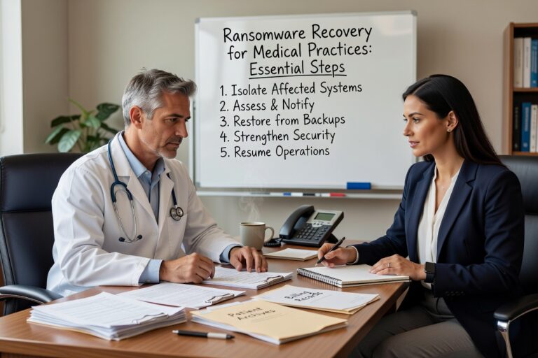Learn essential ransomware recovery steps for medical practices, including backup strategies, response checklists, and business continuity planning.
